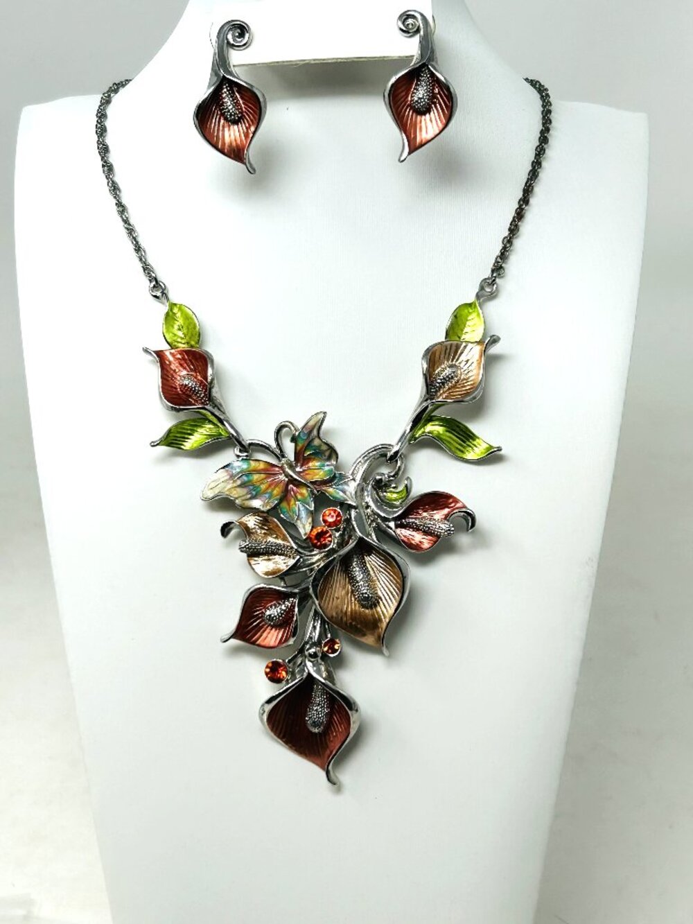 Vtg Wilphen Fashion Woman’s Necklace Earring Set 12” Colorful Calla Lillies